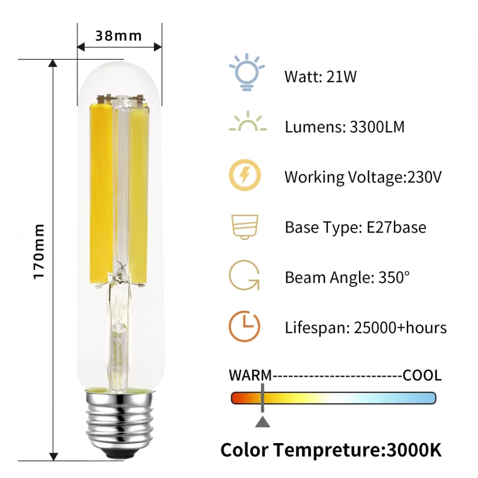 Factory Wholesale T38 21Watt E27 Base Type Clear Glass Cover LED Filament Lights Bulb for Decorating Home (4)