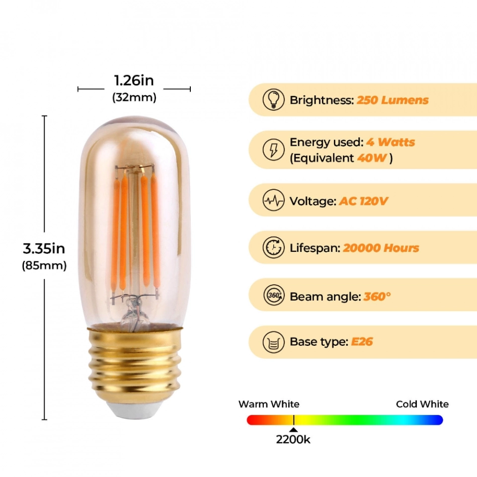 Fannis Authentic Tubular Bulb Filament Dimmable 4W E26 LED Edison Bulb Incandescent Bulb Bedroom Lamp Ceiling (2)