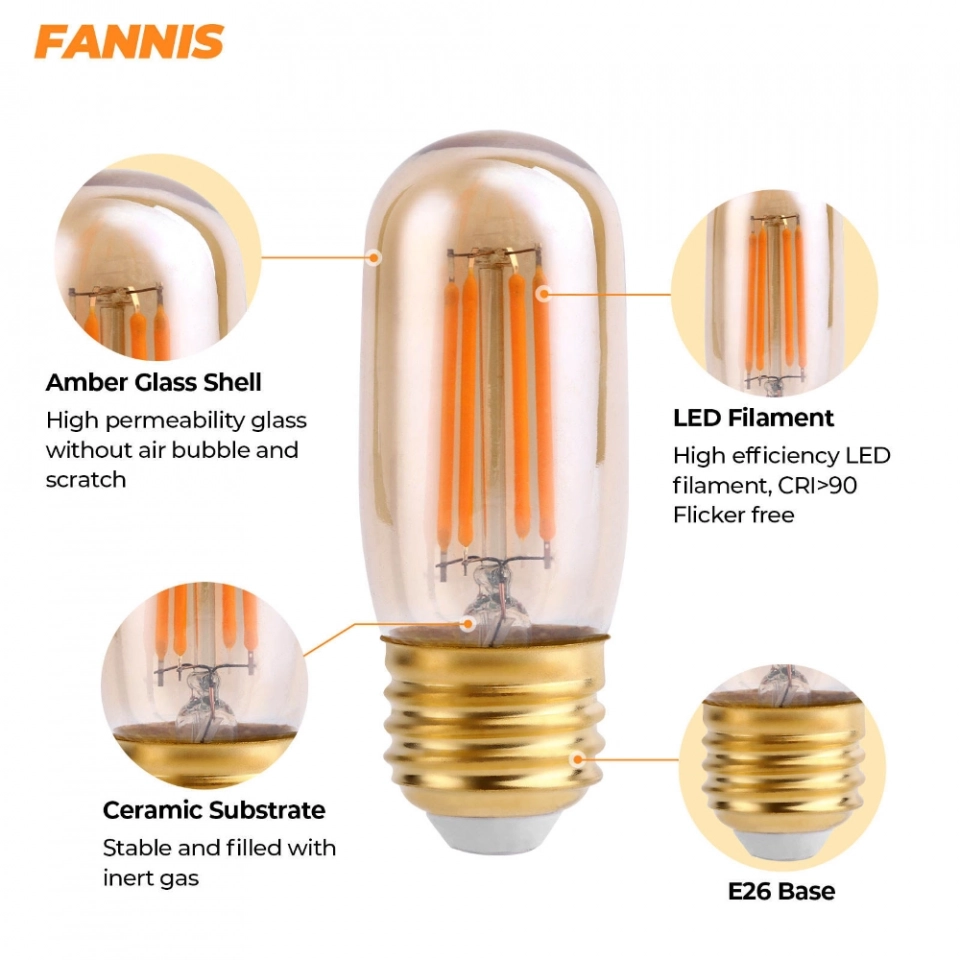 Fannis Authentic Tubular Bulb Filament Dimmable 4W E26 LED Edison Bulb Incandescent Bulb Bedroom Lamp Ceiling (3)