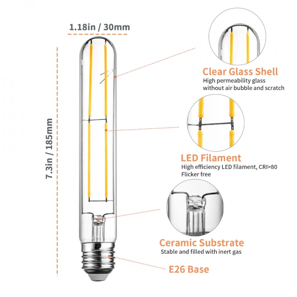 T30 Tubular Bulbs LED Bulb E26 Base Soft White 2700K, 7.3 Inch Long Tube Light Bulb, 60-Watt Incandescent Equivalent (4)